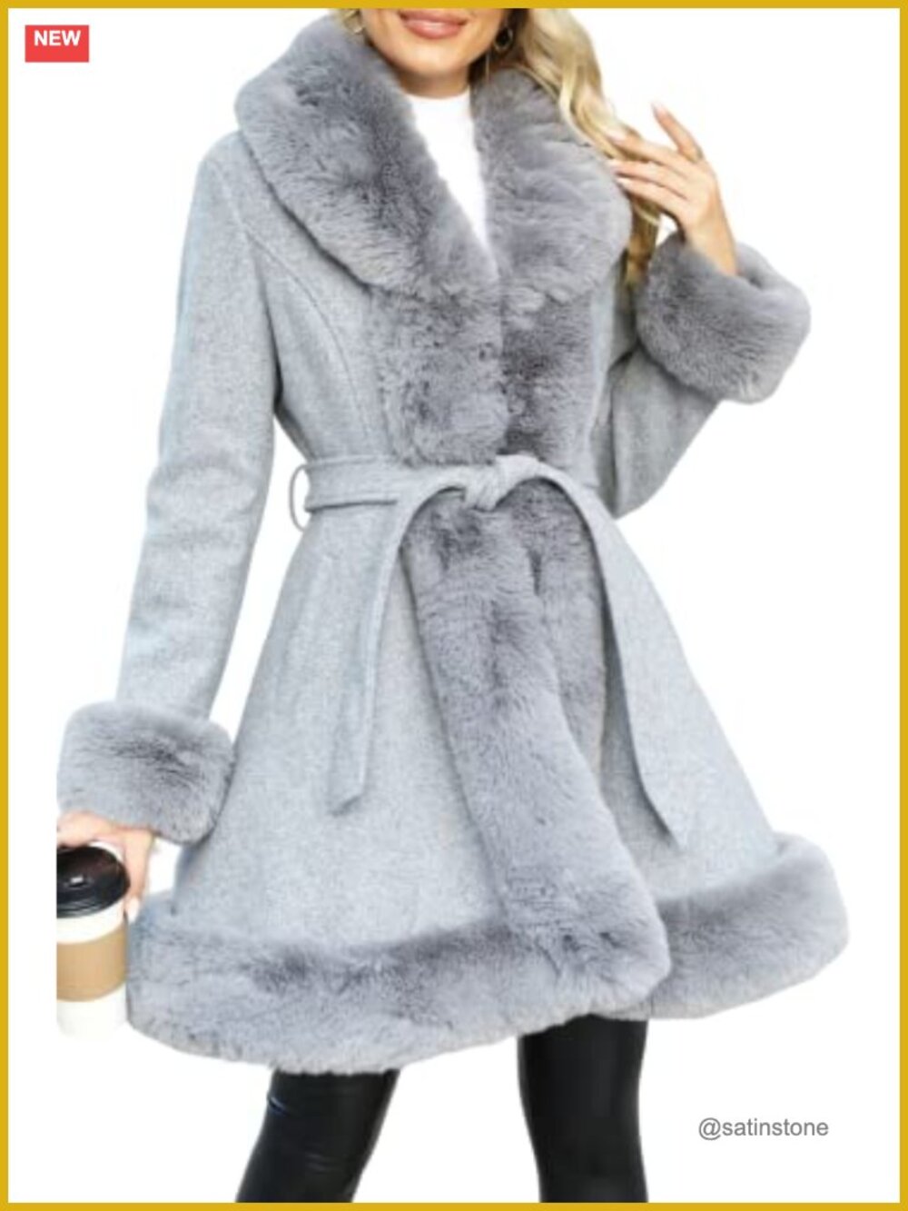 Faux Fur Jacket Thicken Belted Parka Long Sleeve Furry Trim Coat with Pockets